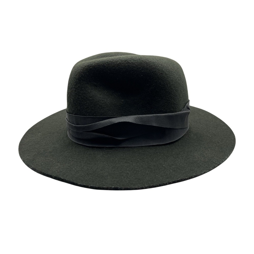 Vtg Forest Green 100% Wool Wide Brim Fedora Hat Ribbon Band Indie Dark Academia